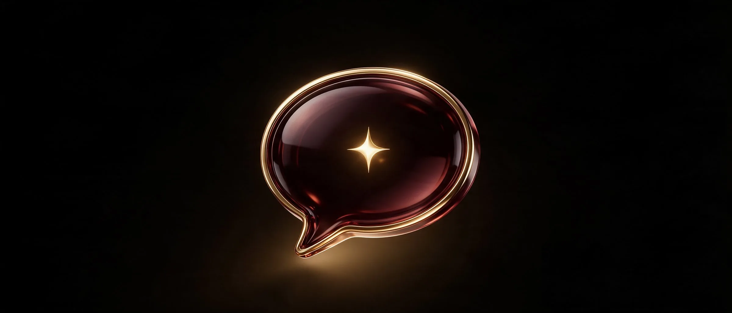 Balão de conversa em vidro bordô com uma estrela dourada dentro, sobre fundo preto
