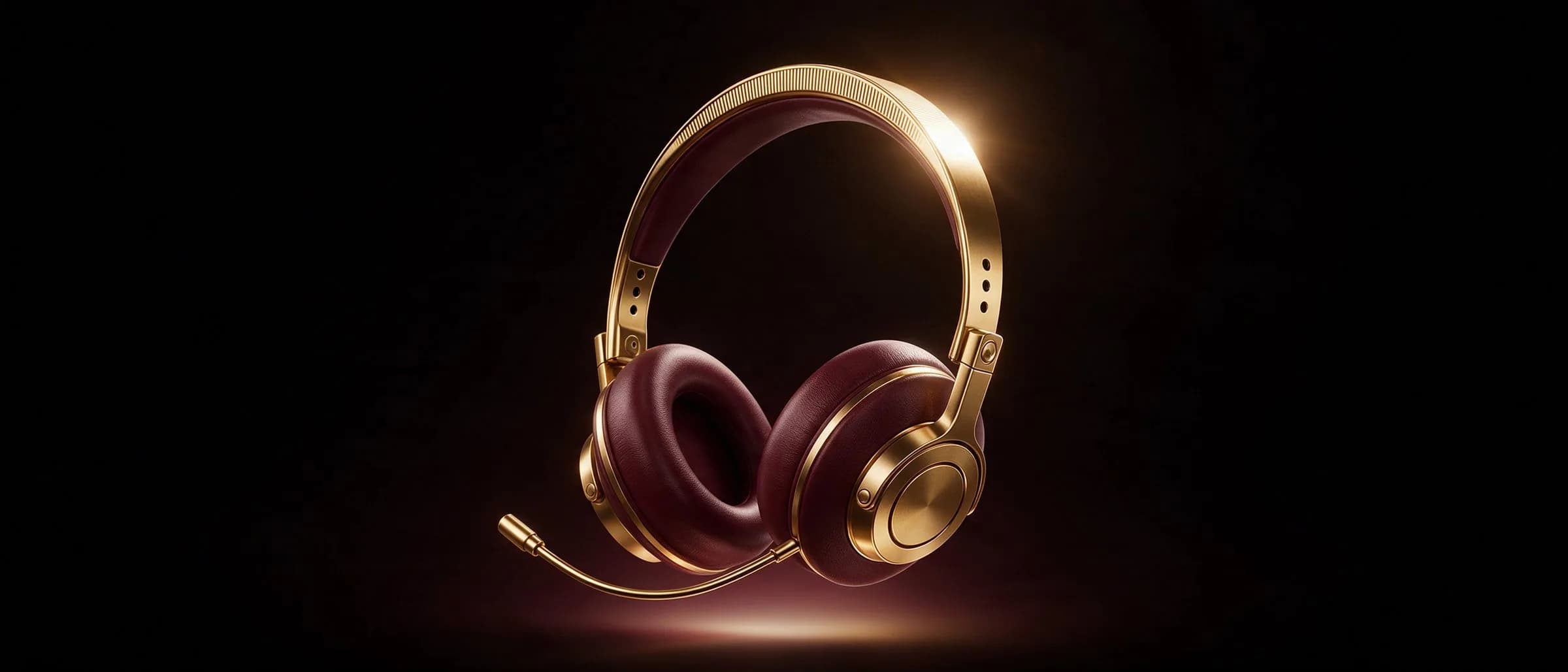 Headset com microfone em couro bordô e latão, sobre fundo preto