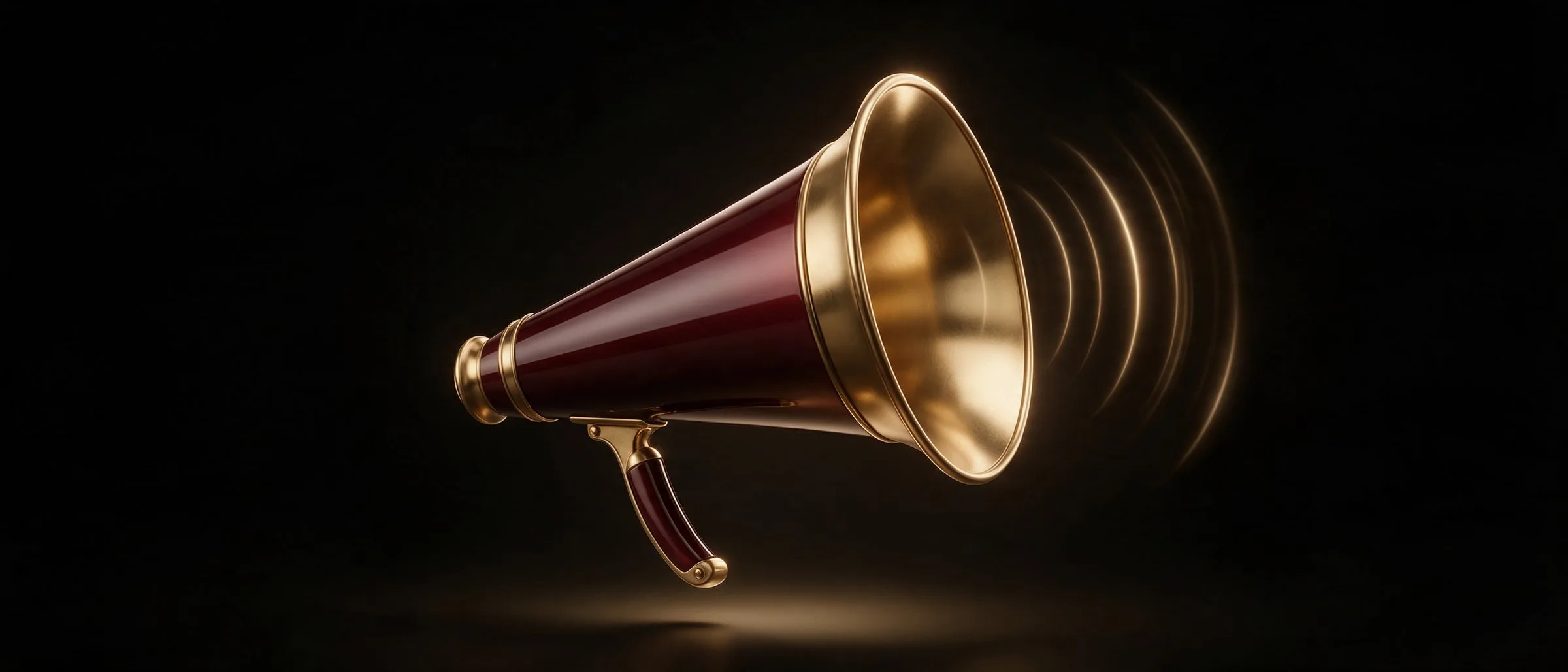 Megafone de latão com corpo bordô, sobre fundo preto