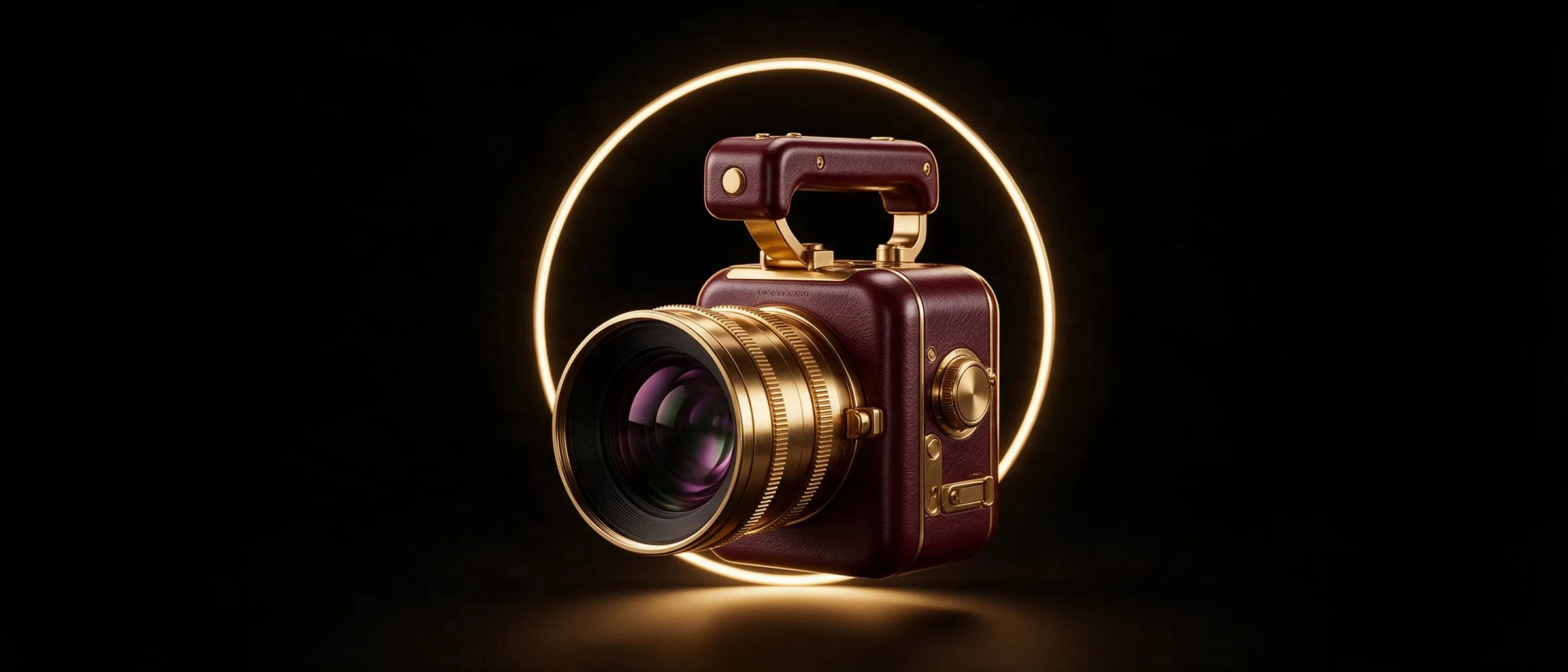Câmera de cinema em couro bordô e latão, com um anel de luz dourado atrás, sobre fundo preto