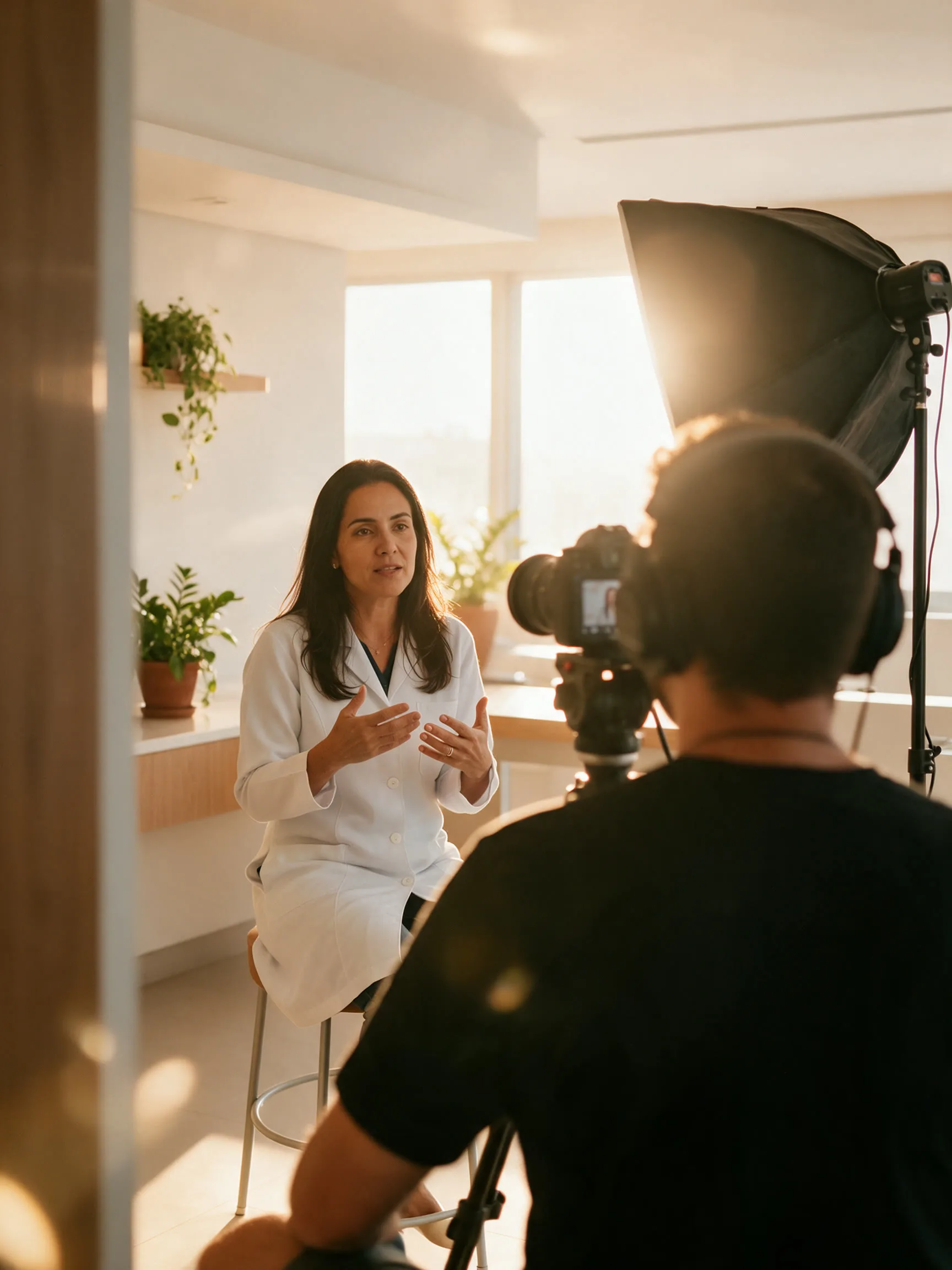 Médica grava um vídeo na clínica, com câmera e iluminação