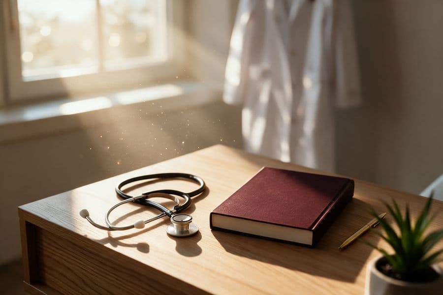Estetoscópio e livro sobre a mesa de um consultório