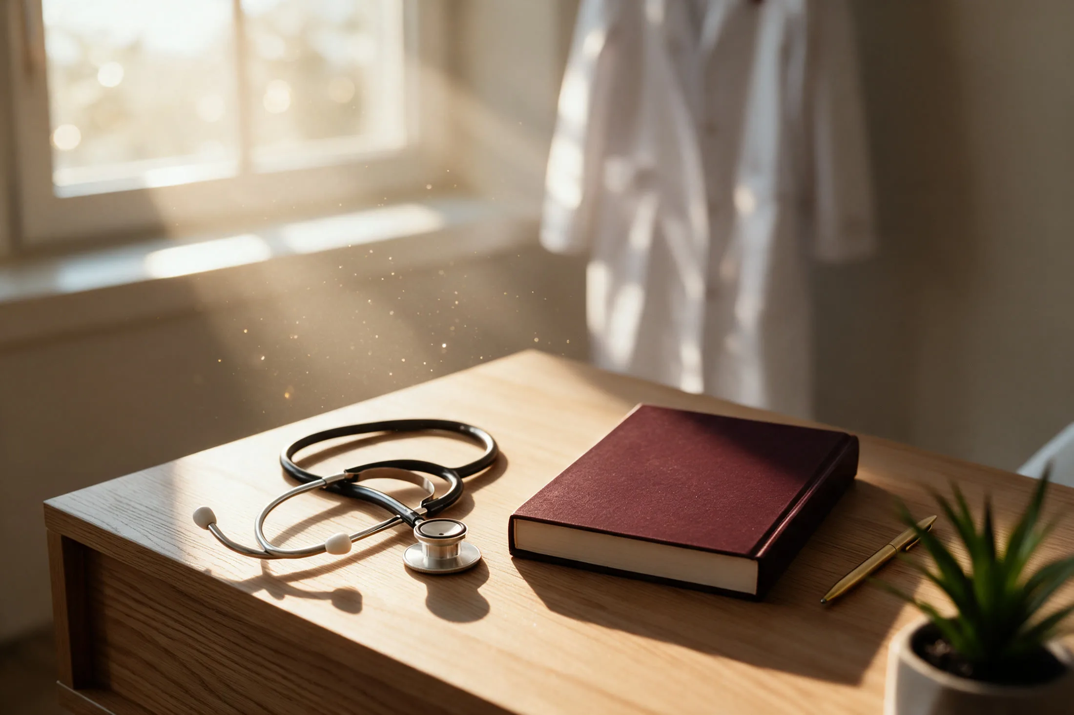 Estetoscópio e livro sobre a mesa de um consultório