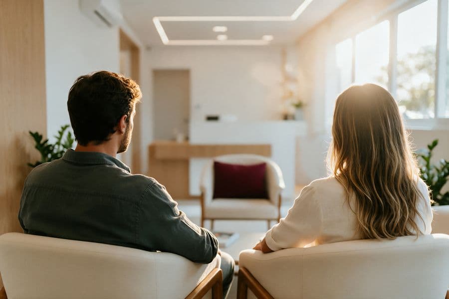 Dois pacientes aguardam na sala de espera de uma clínica