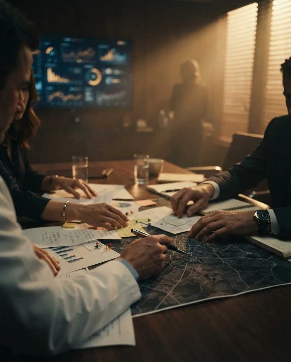 Mãos de uma equipe sobre uma mesa com gráficos, anotações e um mapa da cidade, com uma tela de dados ao fundo