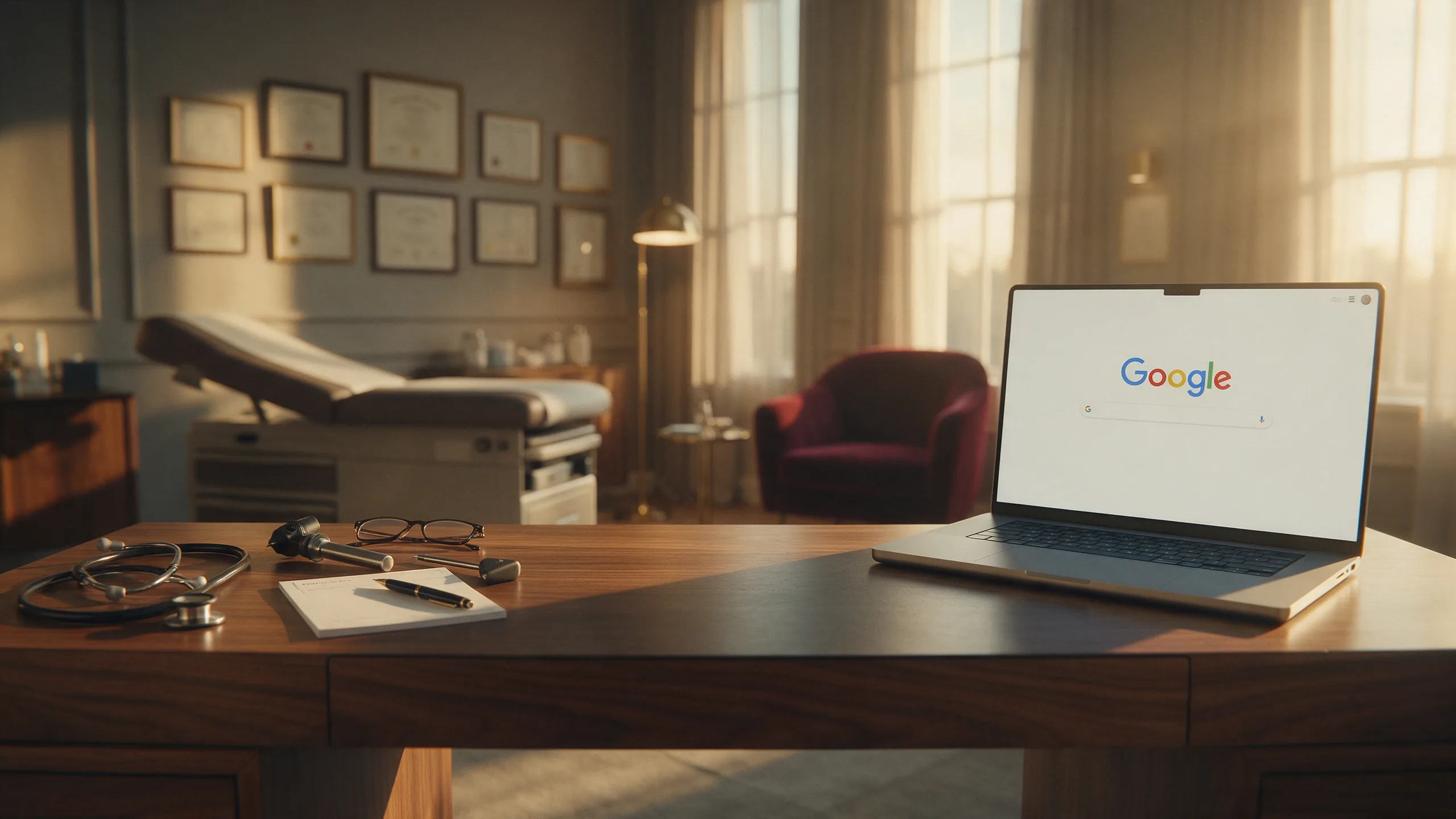Mesa de consultório com um notebook aberto na busca do Google, um estetoscópio, um receituário e outros instrumentos médicos, com a clínica ao fundo