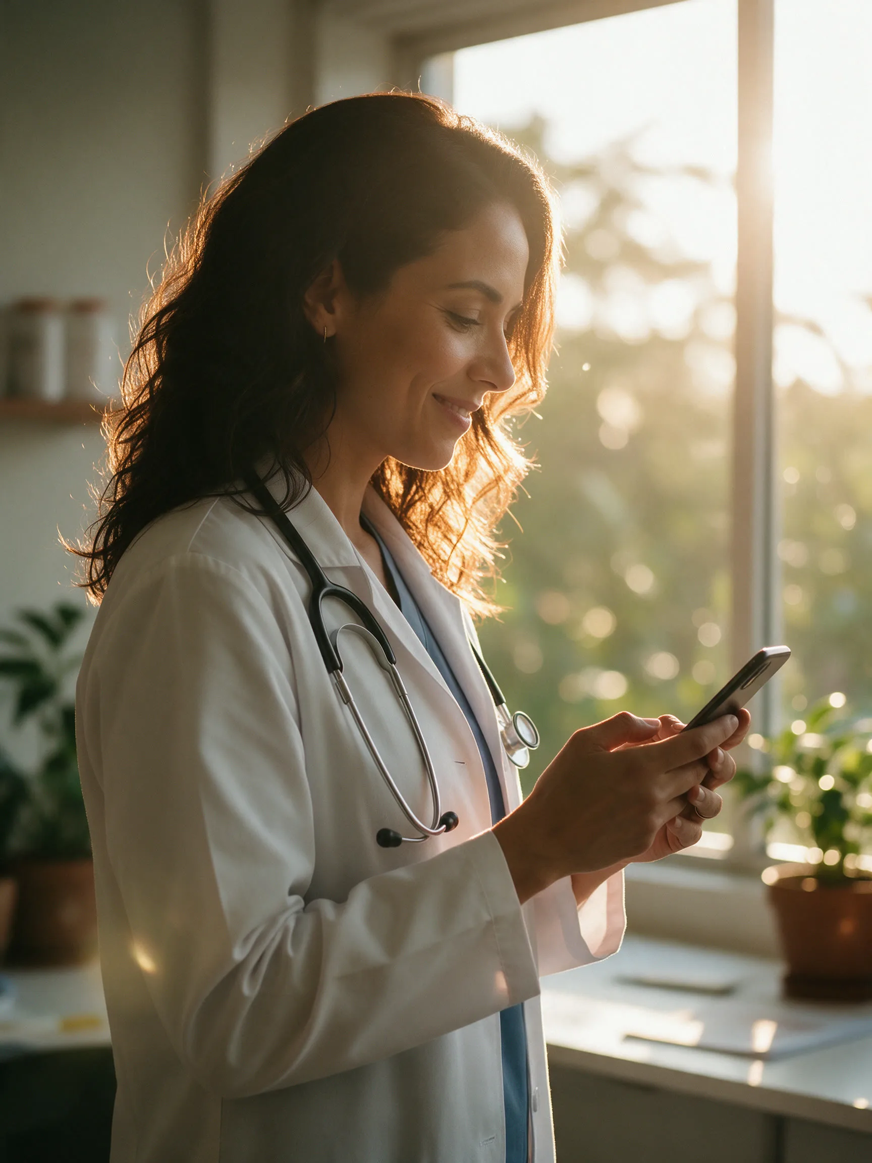 Médica sorri enquanto olha o celular na clínica