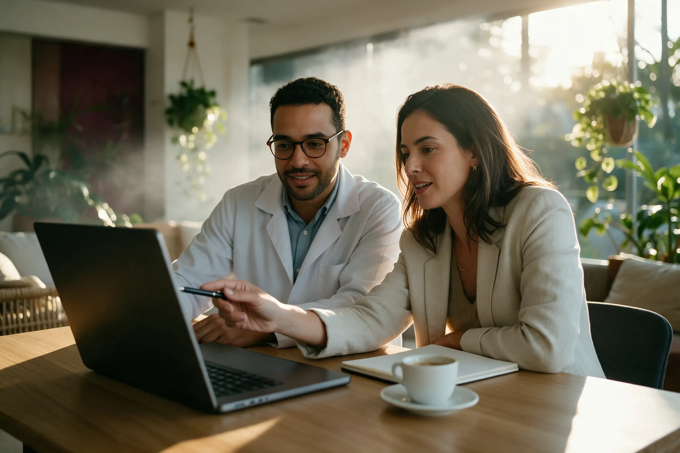 Médico e estrategista de marketing analisam dados em um notebook