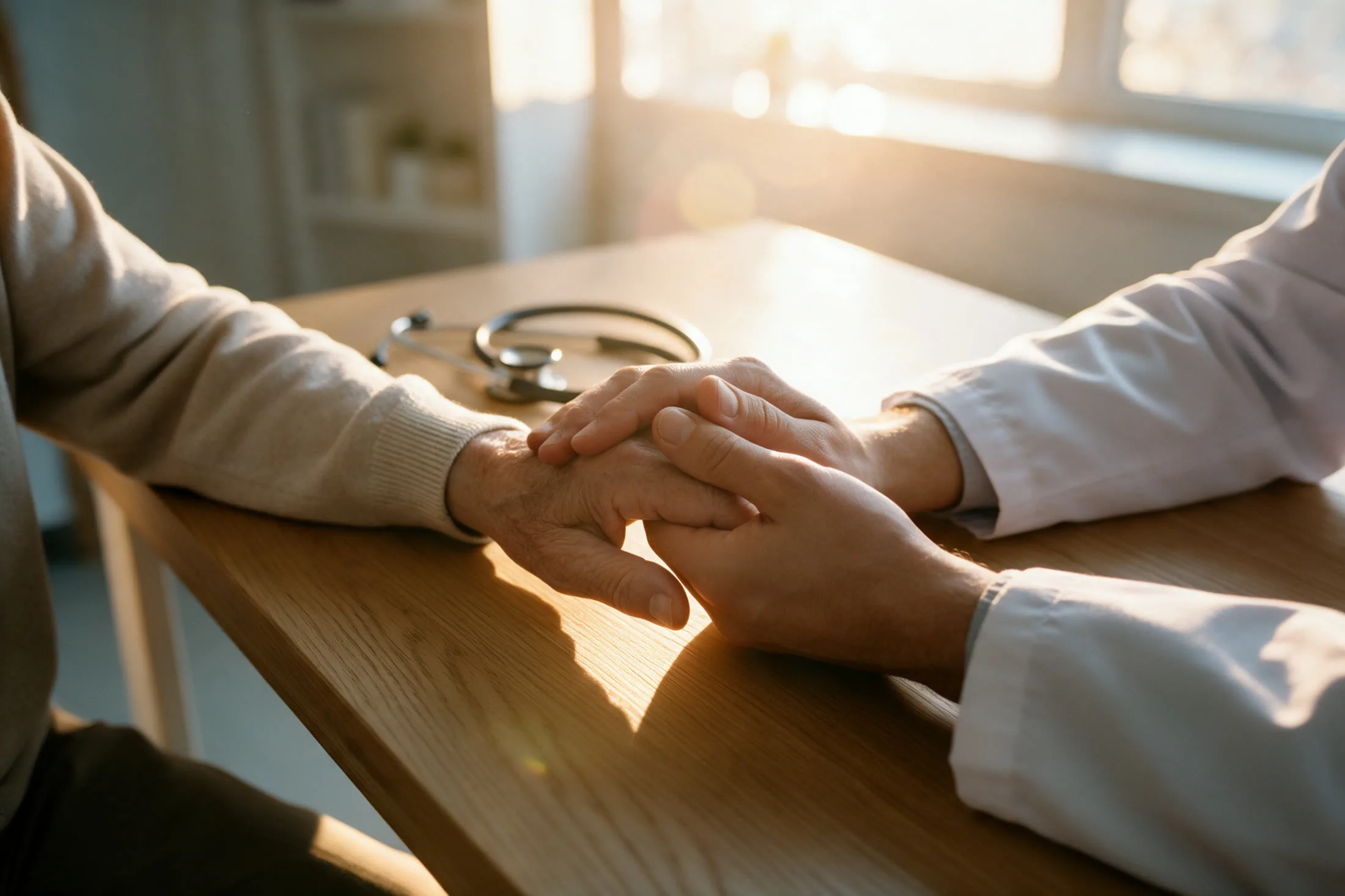 Mãos de um médico seguram a mão de um paciente sobre a mesa