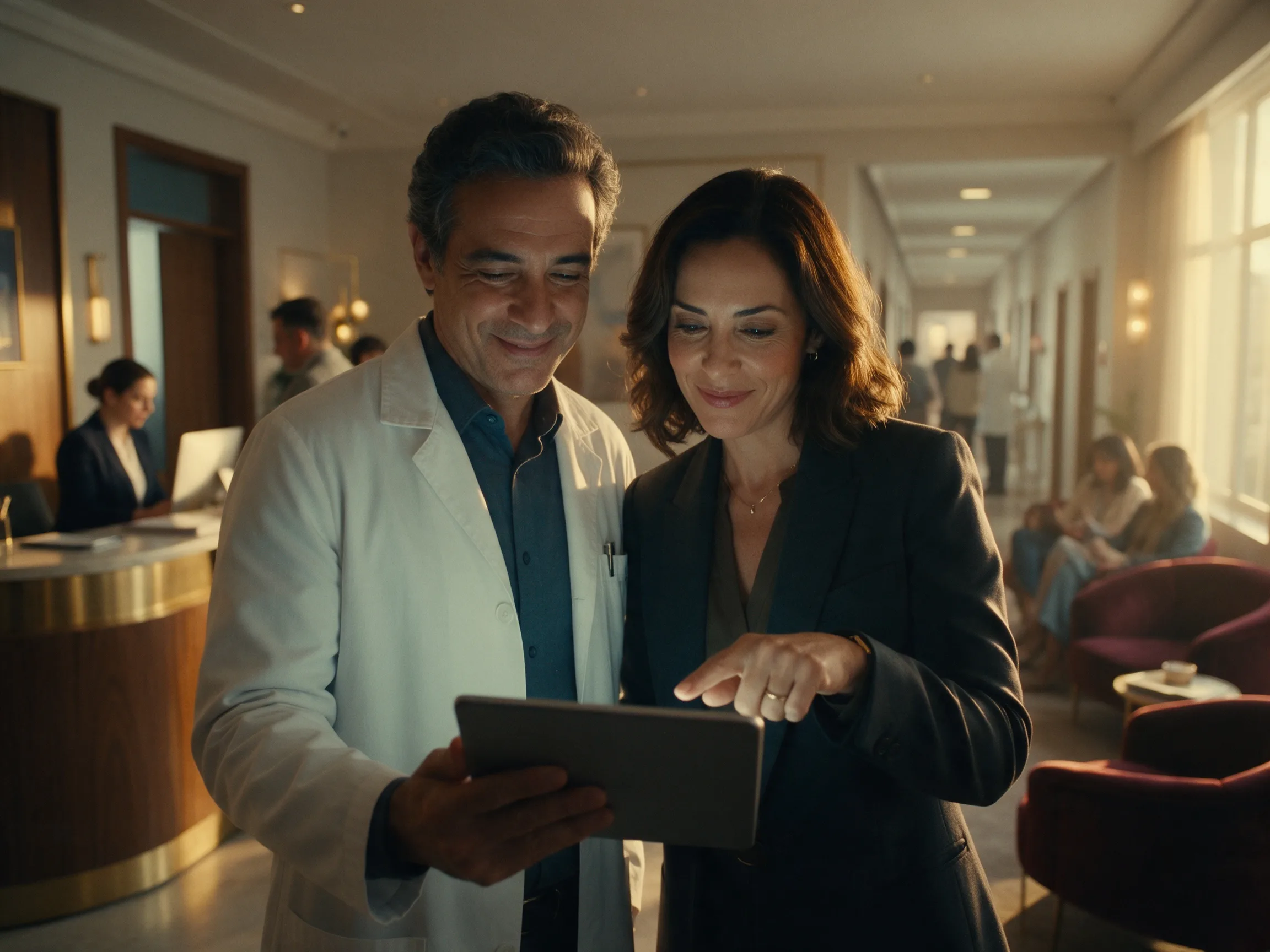 Médico de jaleco e gestora da clínica olham juntos para um tablet, sorrindo, na recepção movimentada, ao pôr do sol