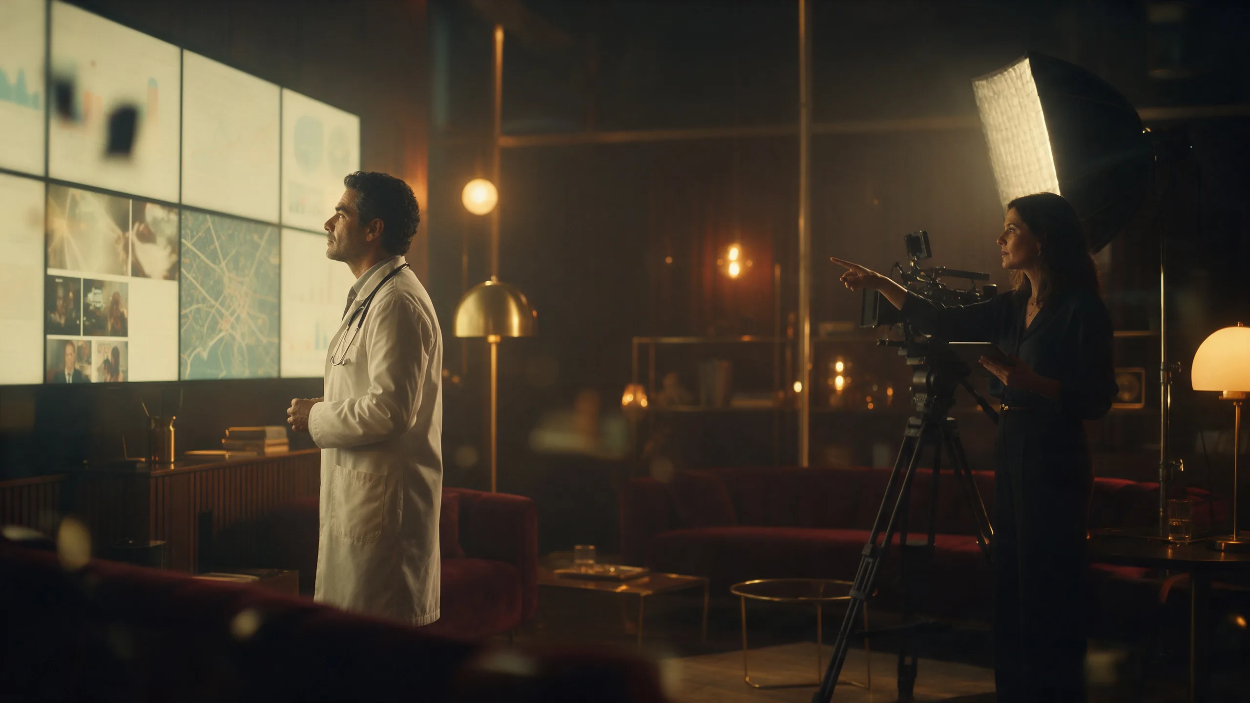 Médico de jaleco observa uma parede de telas com gráficos e mapas enquanto uma estrategista aponta para elas, ao lado de uma câmera de cinema, em um estúdio à noite