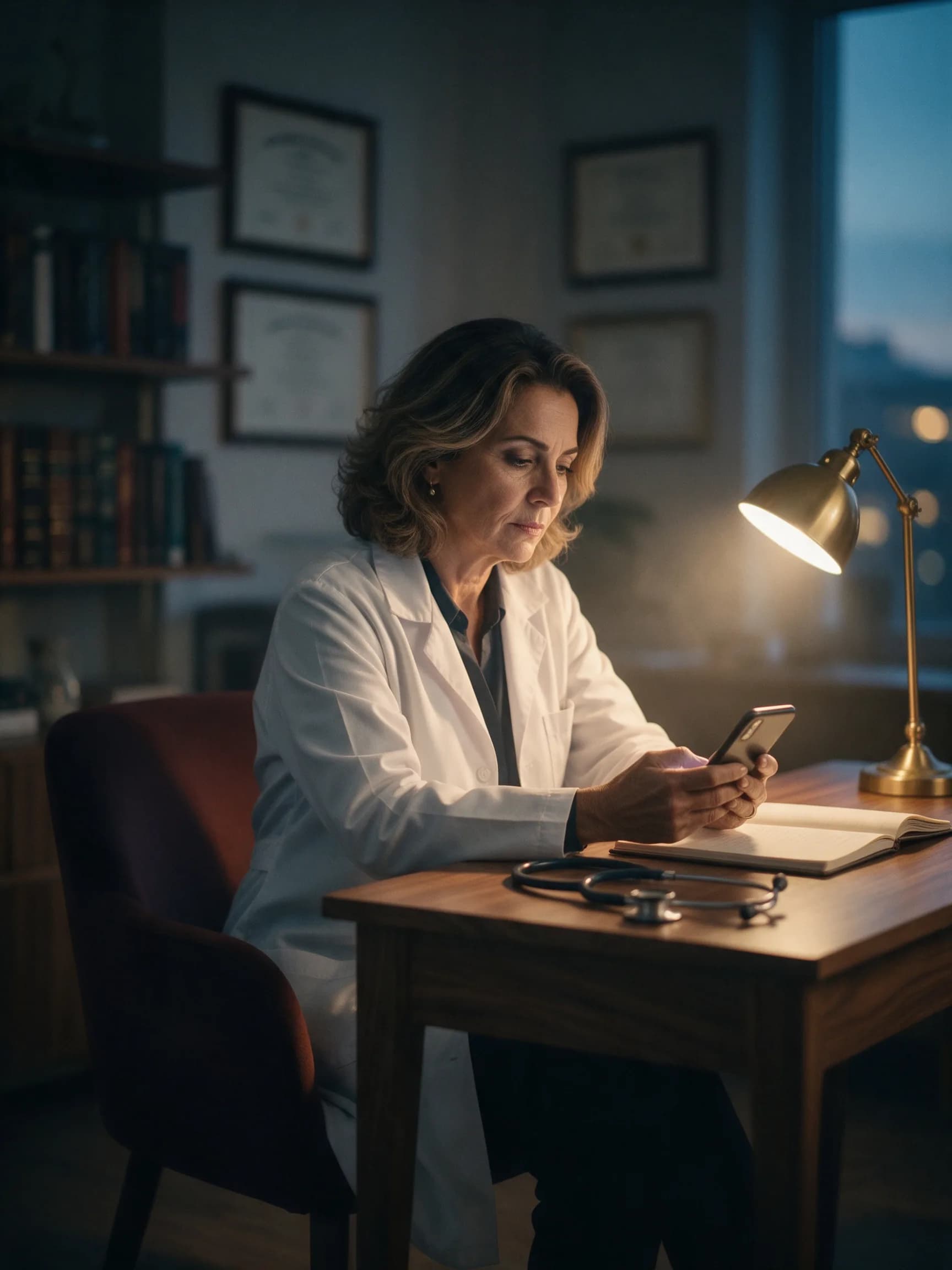 Médica de jaleco, sozinha no consultório ao anoitecer, olha pensativa para o celular, com diplomas na parede e um estetoscópio sobre a mesa