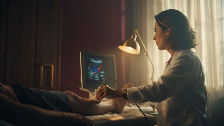 Cirurgiã vascular faz um ultrassom com Doppler na perna de um paciente