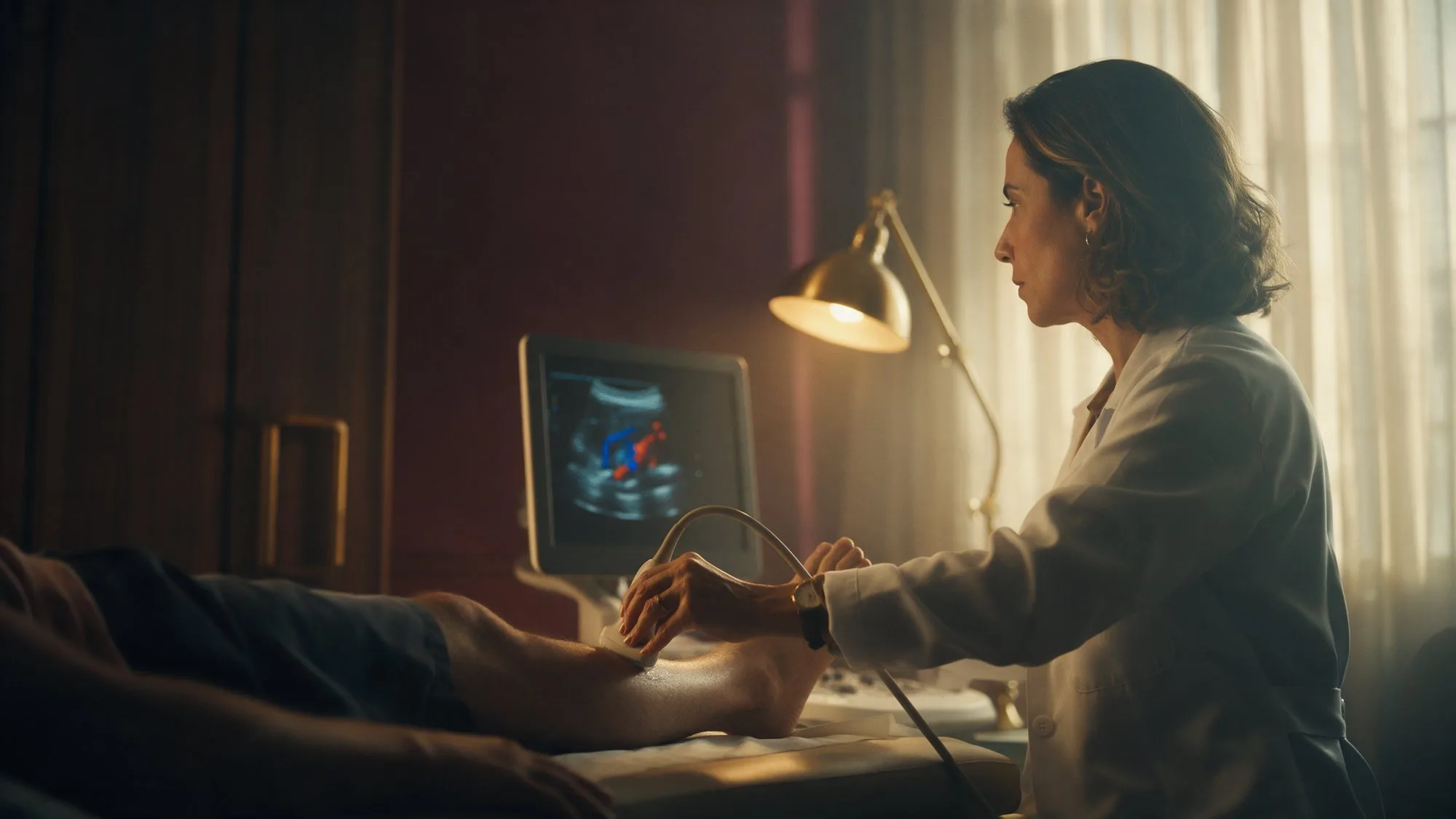 Cirurgiã vascular faz um ultrassom com Doppler na perna de um paciente