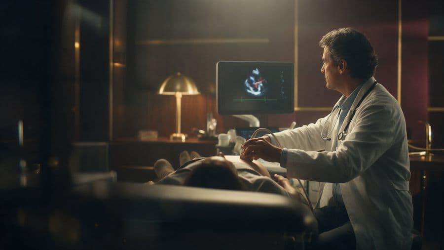 Cardiologista faz um ecocardiograma em um paciente deitado, olhando para o monitor