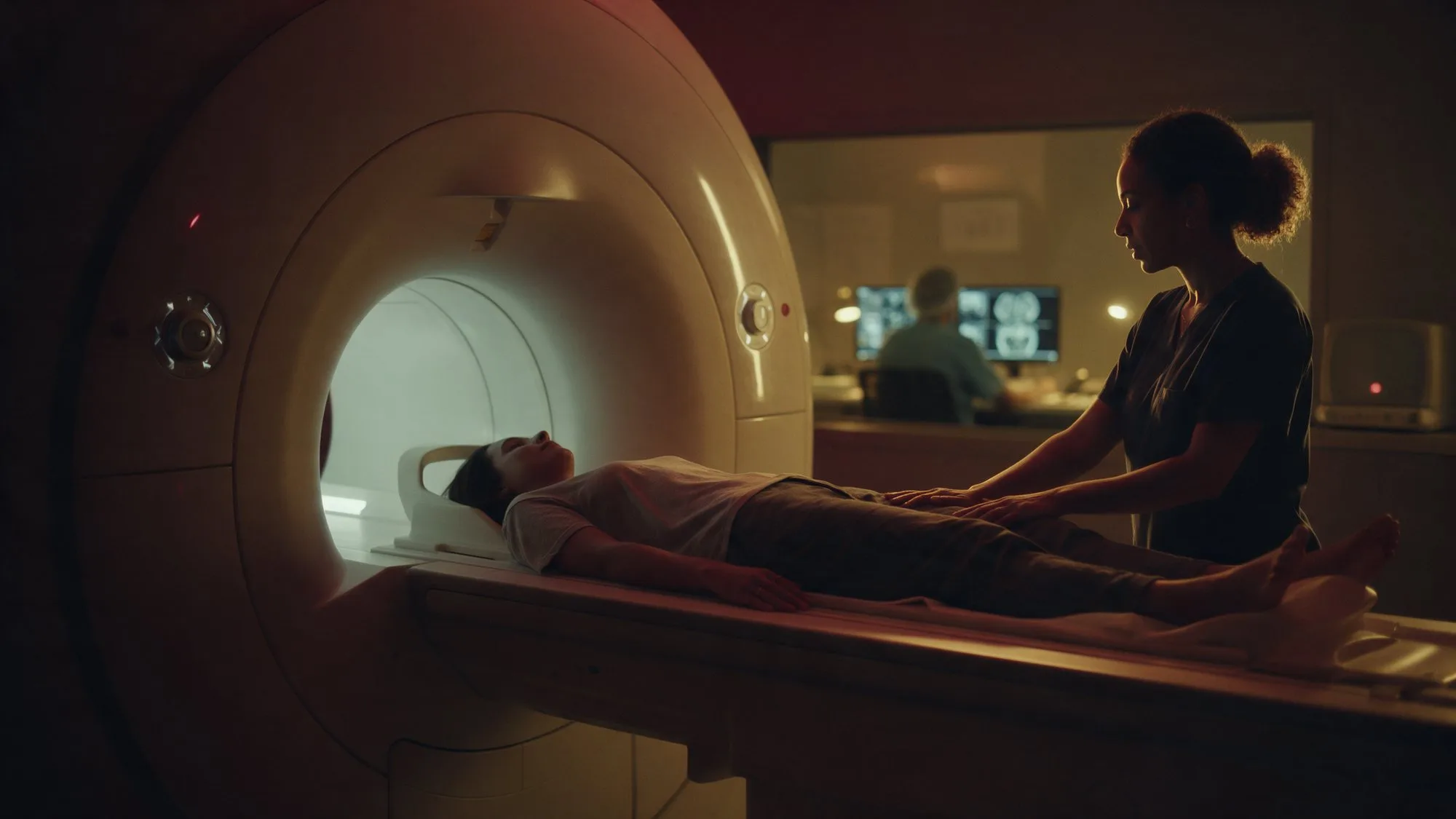 Técnica de radiologia acomoda uma paciente no aparelho de ressonância magnética