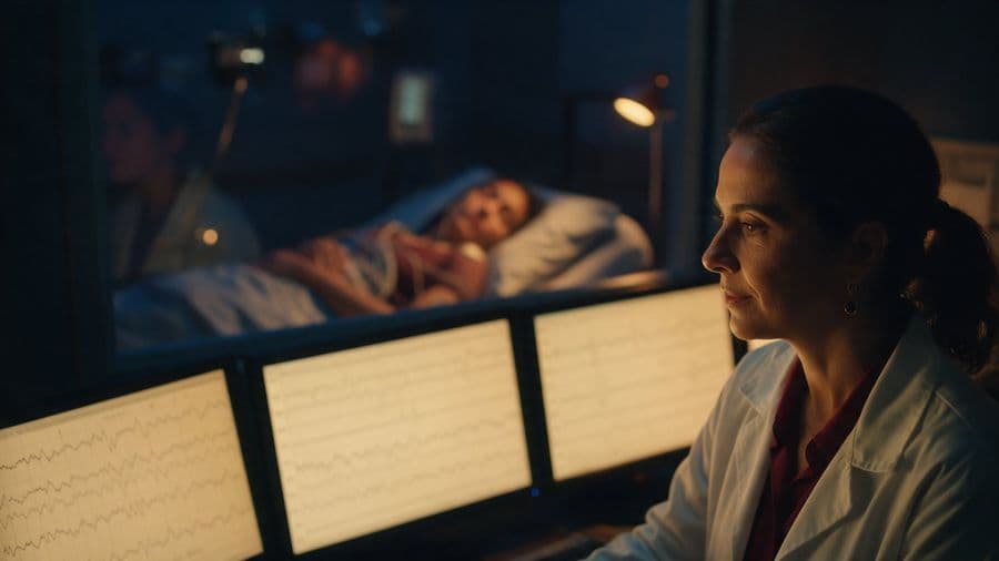 Médica do sono acompanha nos monitores o exame de um paciente que dorme no quarto ao lado