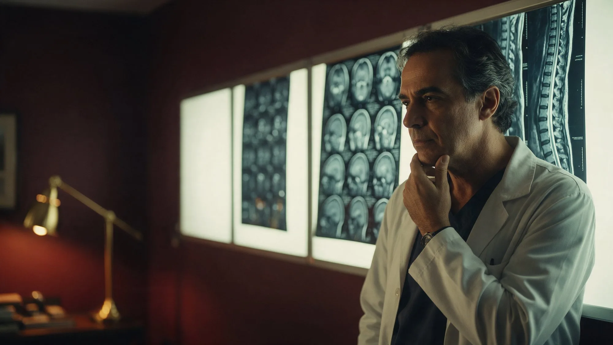 Neurocirurgião observa imagens de ressonância do cérebro e da coluna em painéis de luz