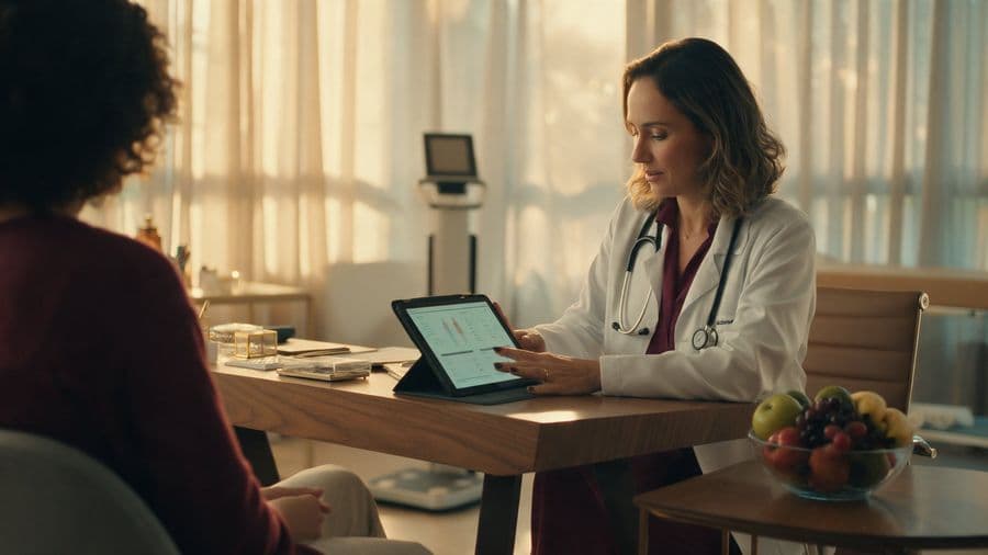 Médica nutróloga de jaleco analisa exames em um tablet com uma paciente, com uma balança de composição corporal ao fundo