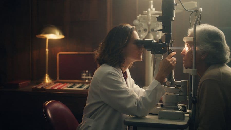 Oftalmologista examina o olho de uma paciente idosa na lâmpada de fenda
