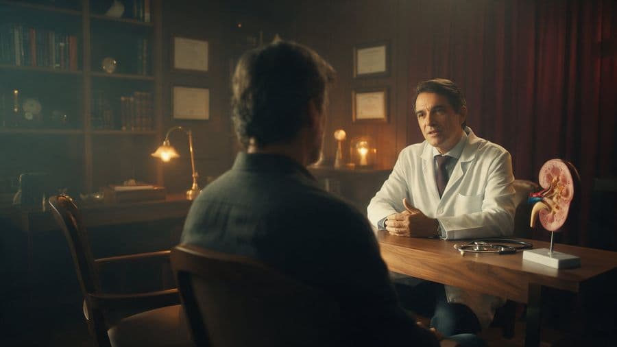 Urologista de jaleco conversa com um paciente à mesa do consultório, ao lado de um modelo anatômico de rim