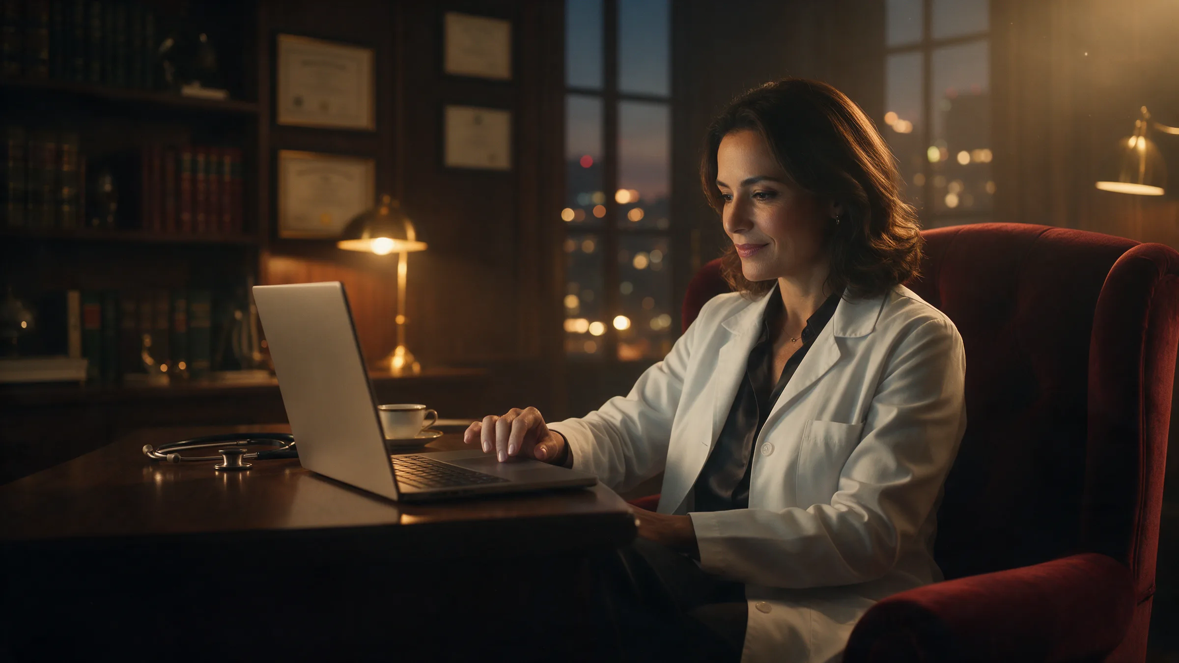 Médica de jaleco, sentada em uma poltrona bordô no consultório ao anoitecer, lê em um notebook