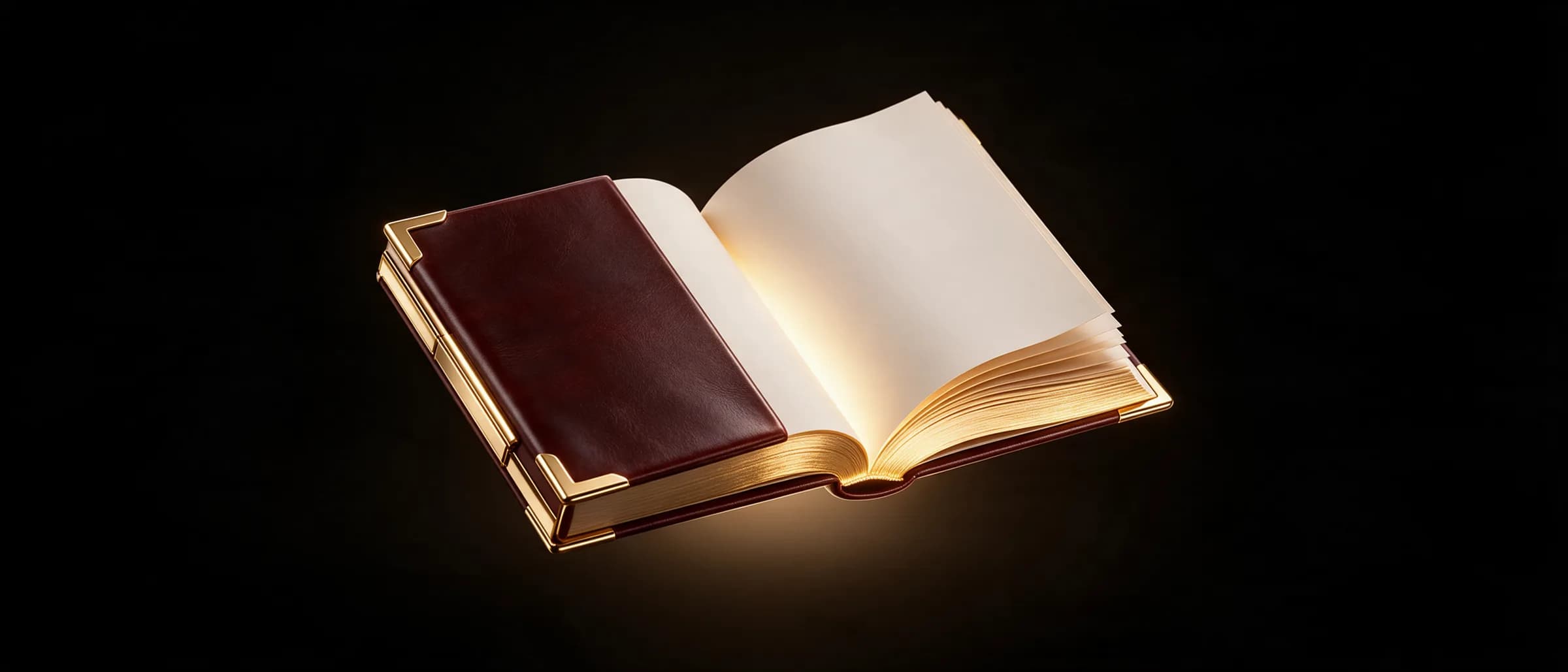 Livro aberto de capa bordô, com as páginas iluminadas, sobre fundo preto