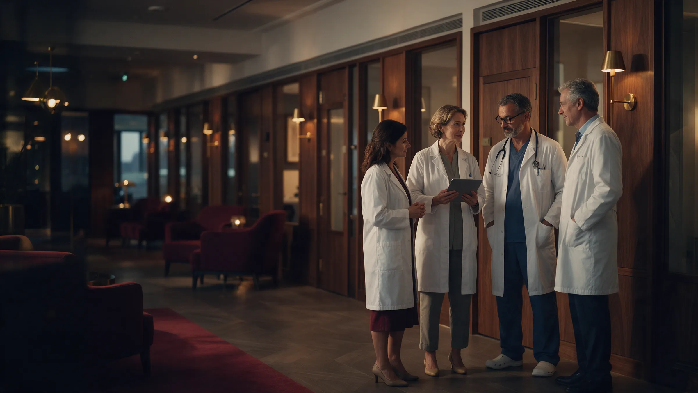 Quatro médicos de especialidades diferentes, de jaleco, conversam no corredor de uma clínica elegante, ao anoitecer